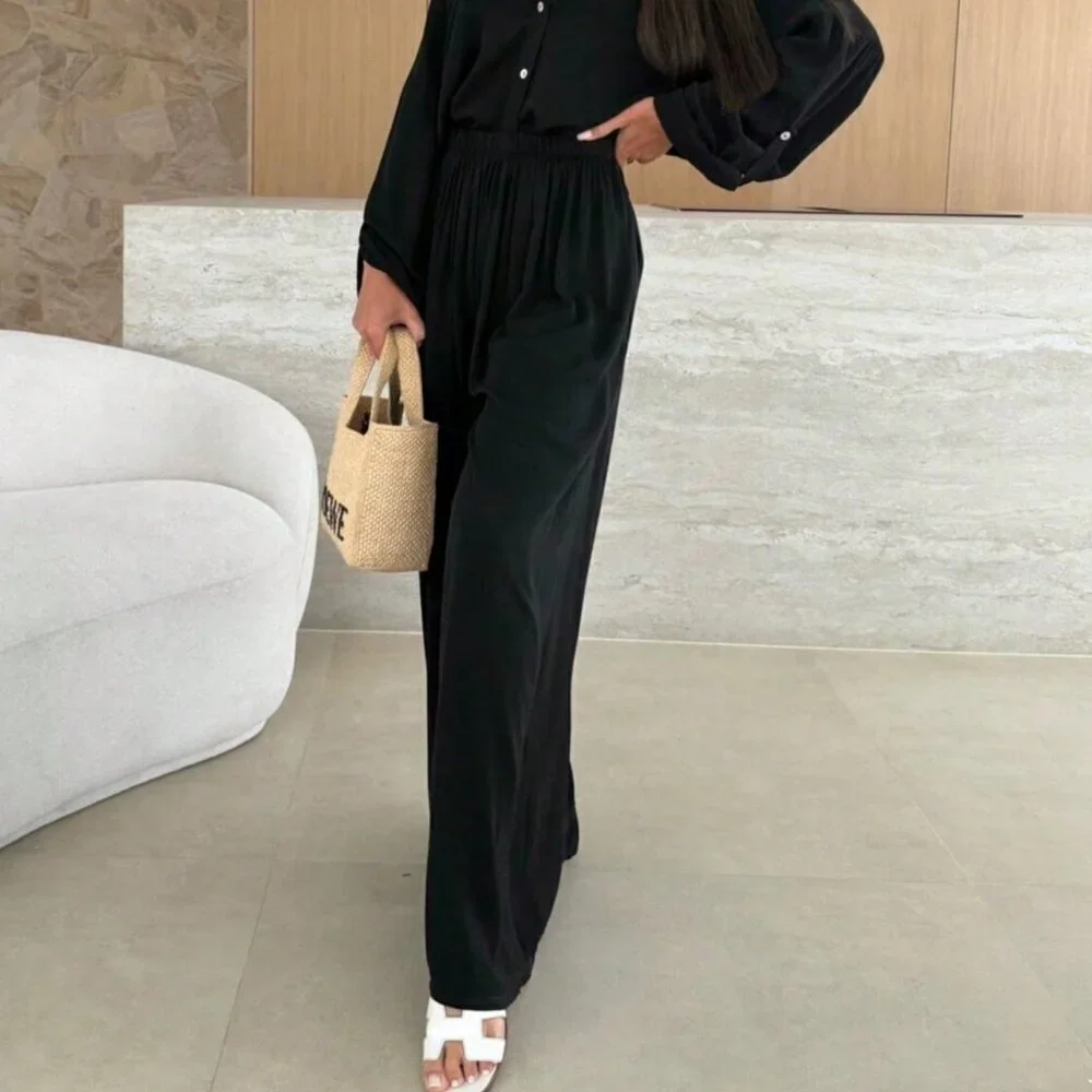 Black Casual Women's Front Button Loose Shirt & Pants Set